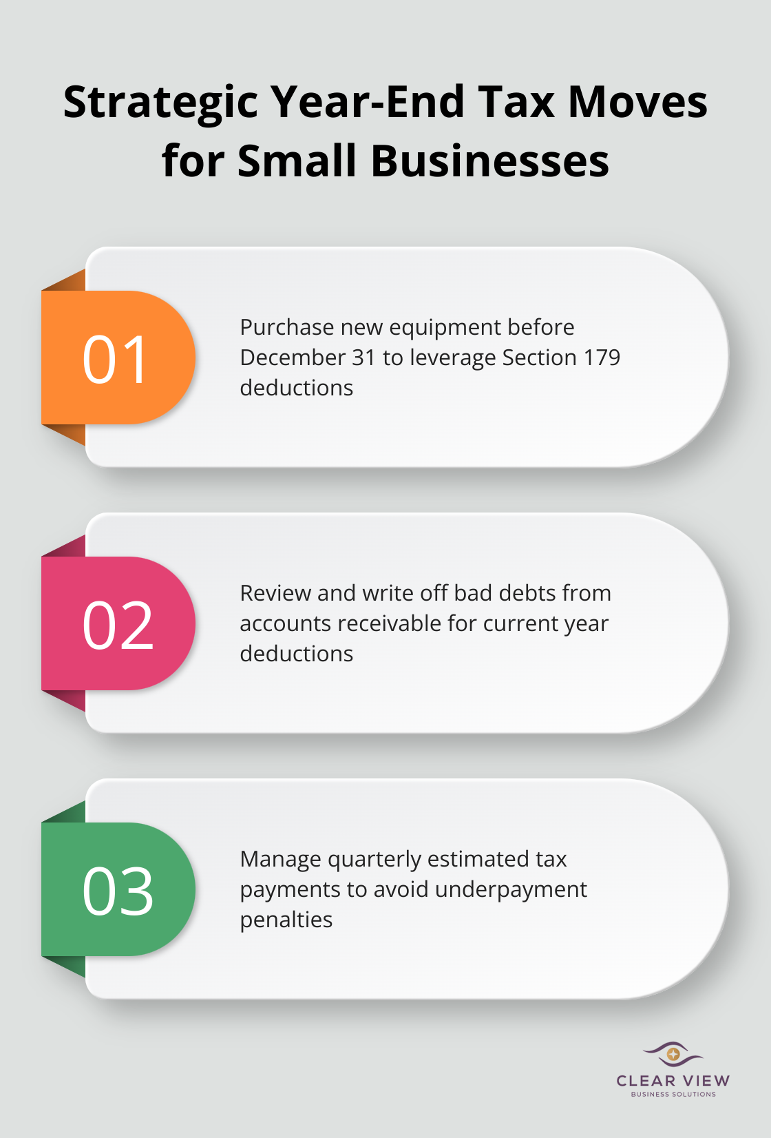 Key year-end tax planning strategies: Purchase equipment, review accounts receivable, and manage estimated tax payments