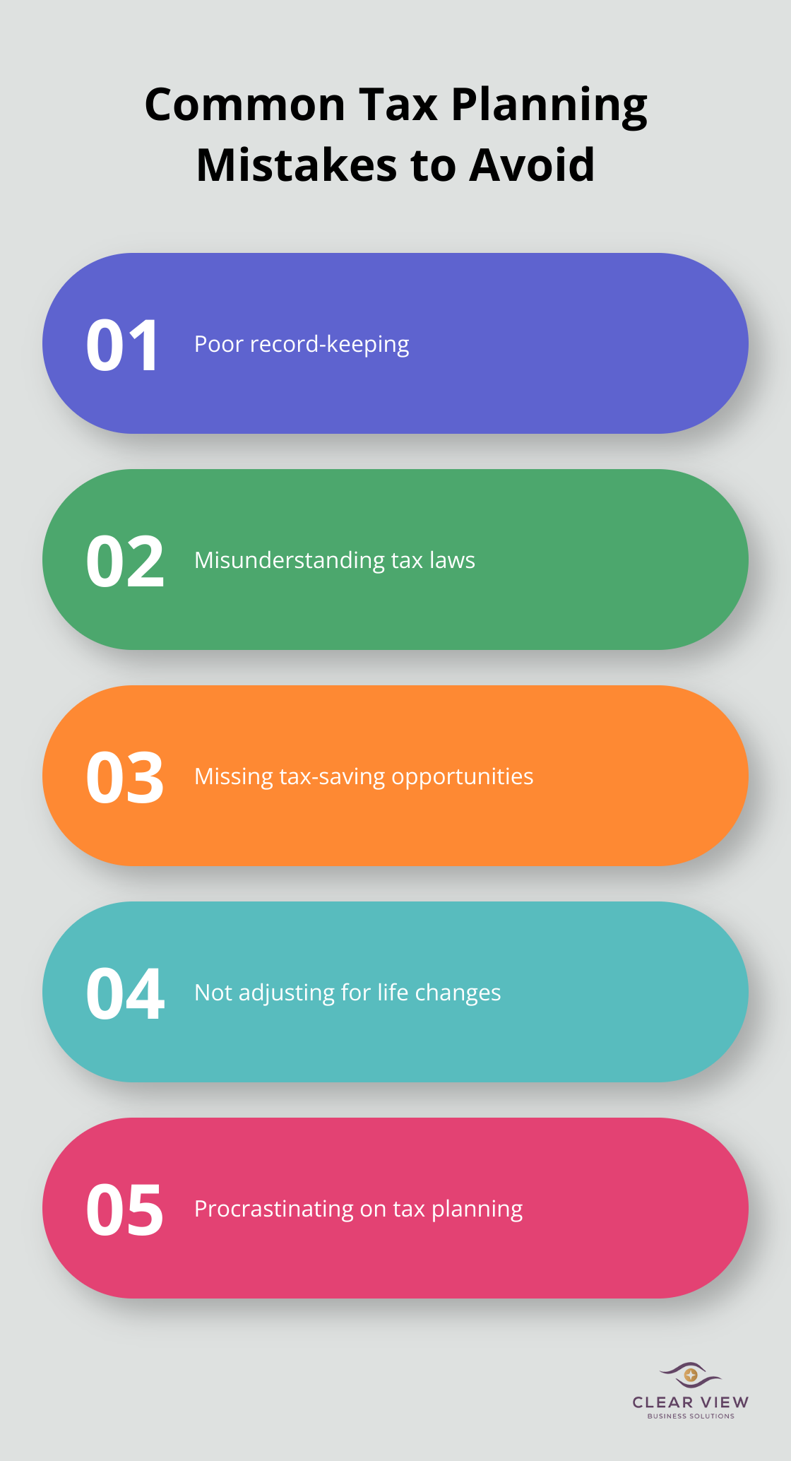 Infographic showing five common tax planning mistakes: poor record-keeping, misunderstanding tax laws, missing tax-saving opportunities, not adjusting for life changes, and procrastinating on tax planning.