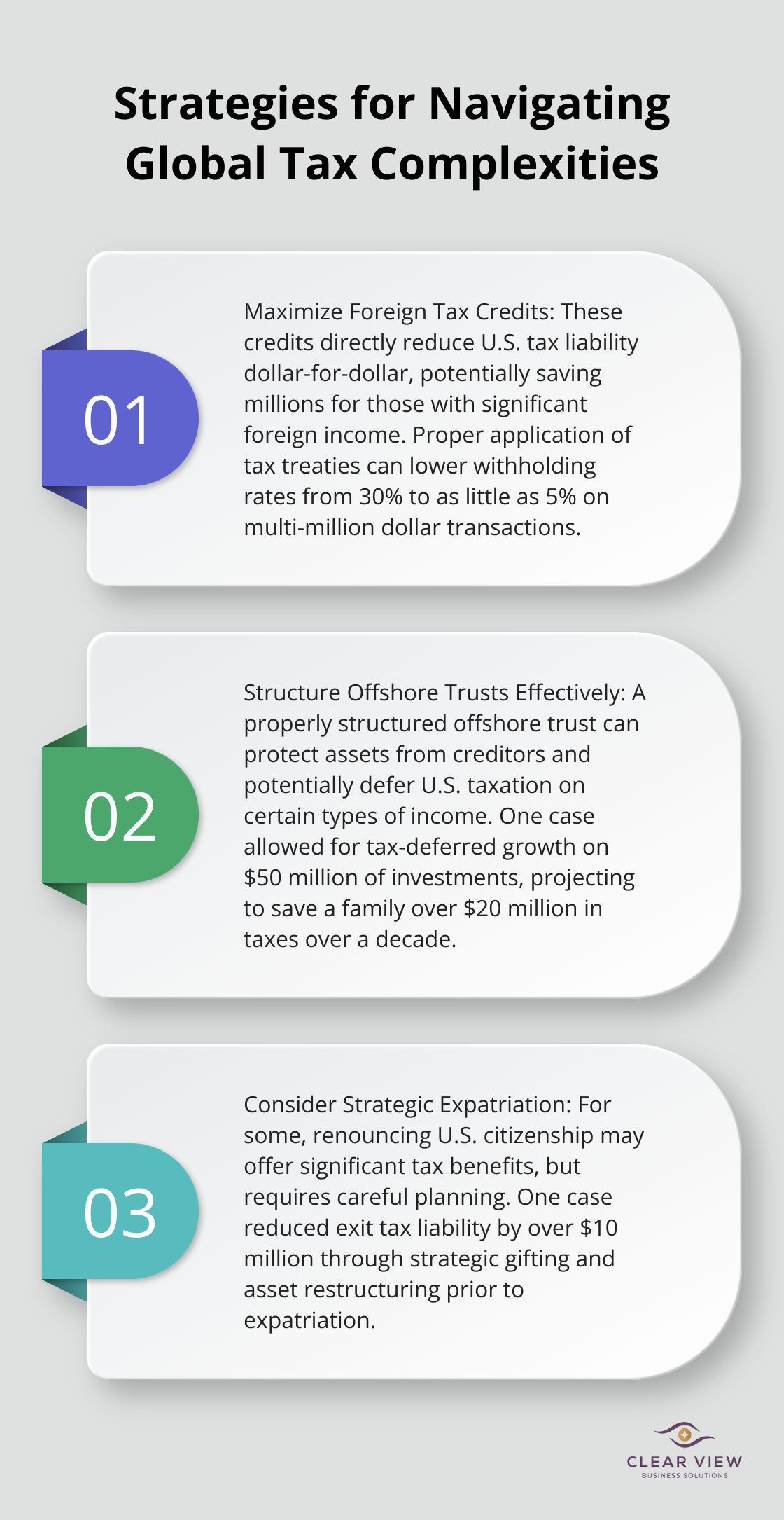 Ordered list chart showing three key strategies for ultra high net worth individuals to navigate global tax complexities - ultra high net worth tax planning