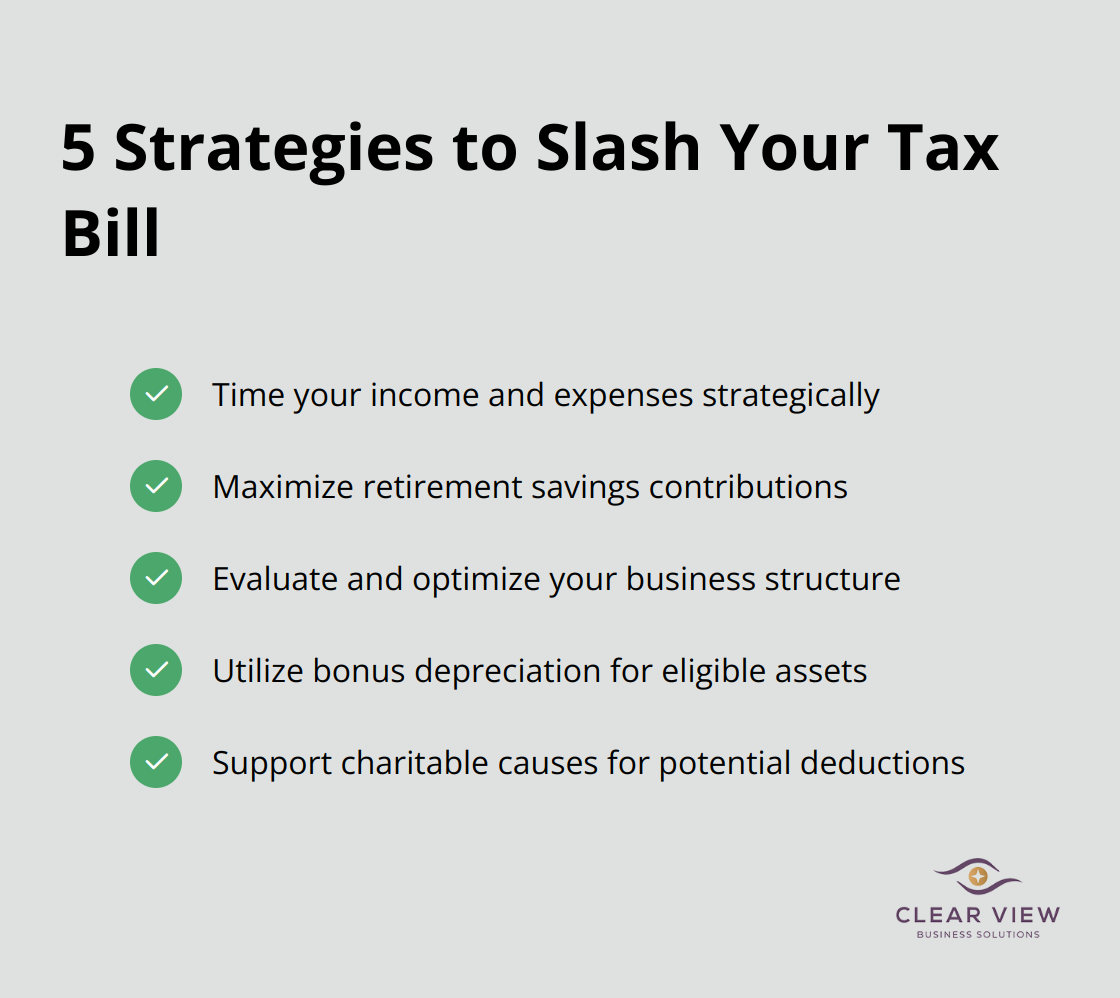 Chart listing five key strategies for small businesses to reduce their tax liability - year end tax planning for small business owners