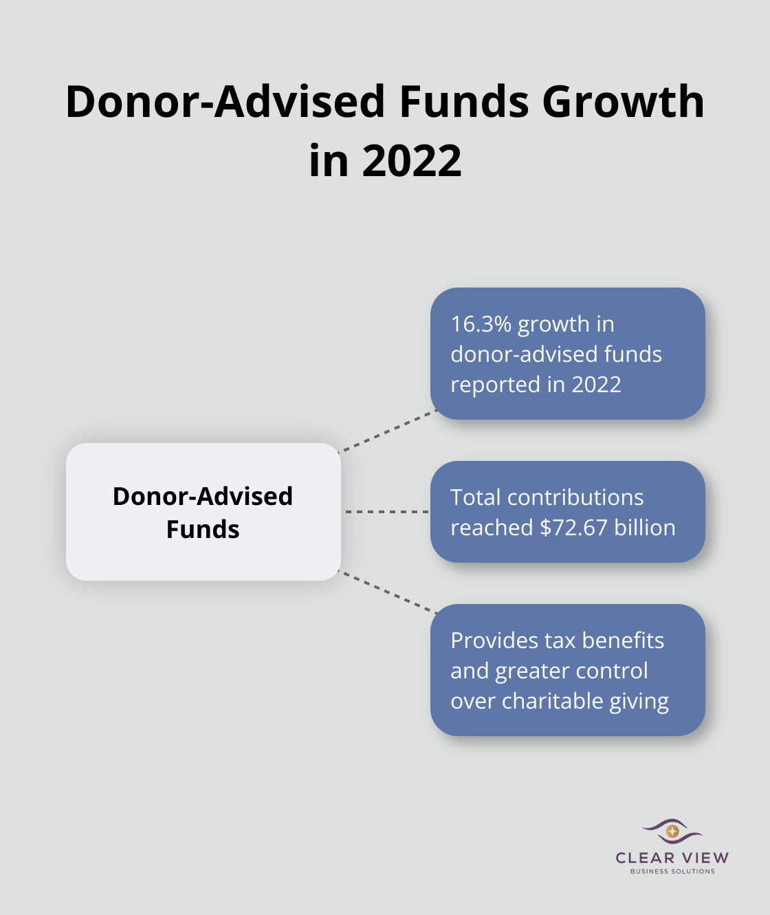 Hub and spoke chart showing 16.3% growth in donor-advised funds in 2022, with total contributions reaching $72.67 billion - high net worth individual tax planning