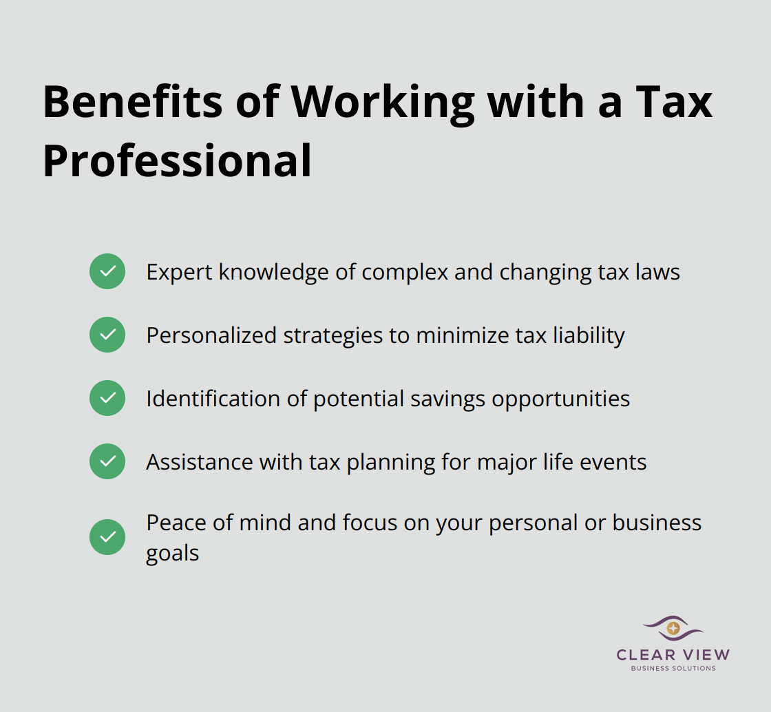 Checkmark list chart showing five key benefits of partnering with a tax professional - income tax planning