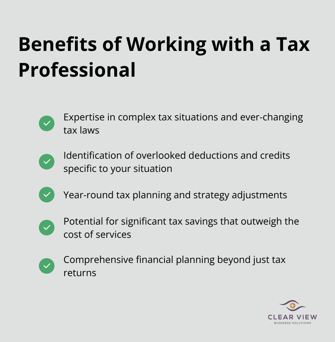 Checkmark list chart showing key benefits of working with a tax professional for high-income earners - tax planning strategies for high income earners