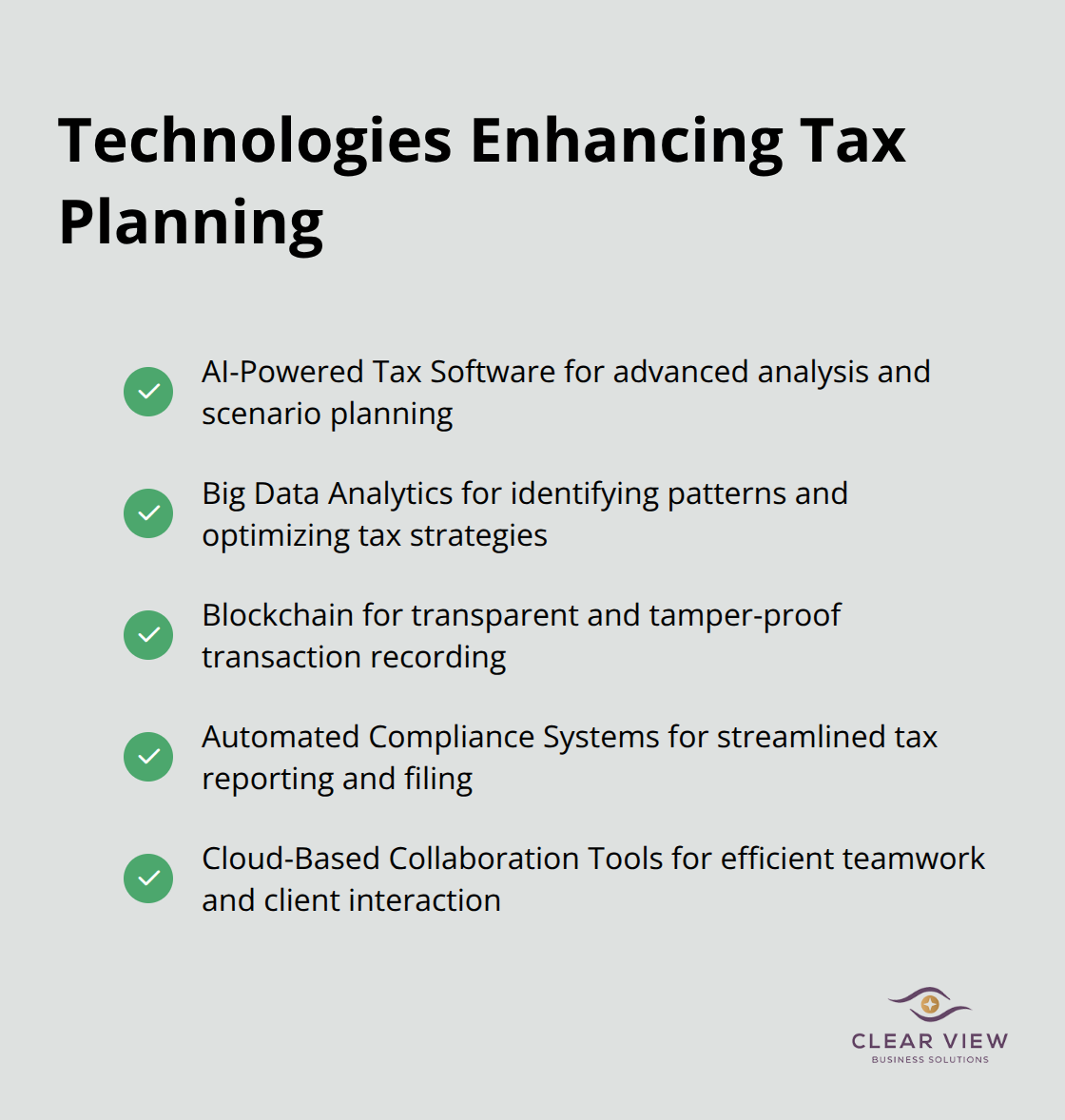 Checkmark list showing five key technologies enhancing tax planning: AI-Powered Tax Software, Big Data Analytics, Blockchain, Automated Compliance Systems, and Cloud-Based Collaboration Tools. - corporate tax planning