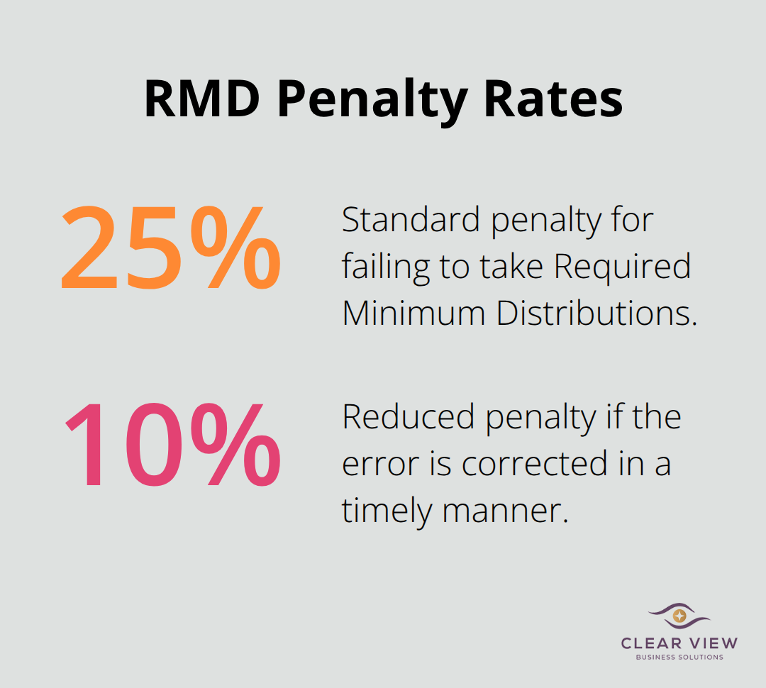 Chart showing RMD penalty rates: 25% standard penalty, 10% if corrected timely - retirement tax planning