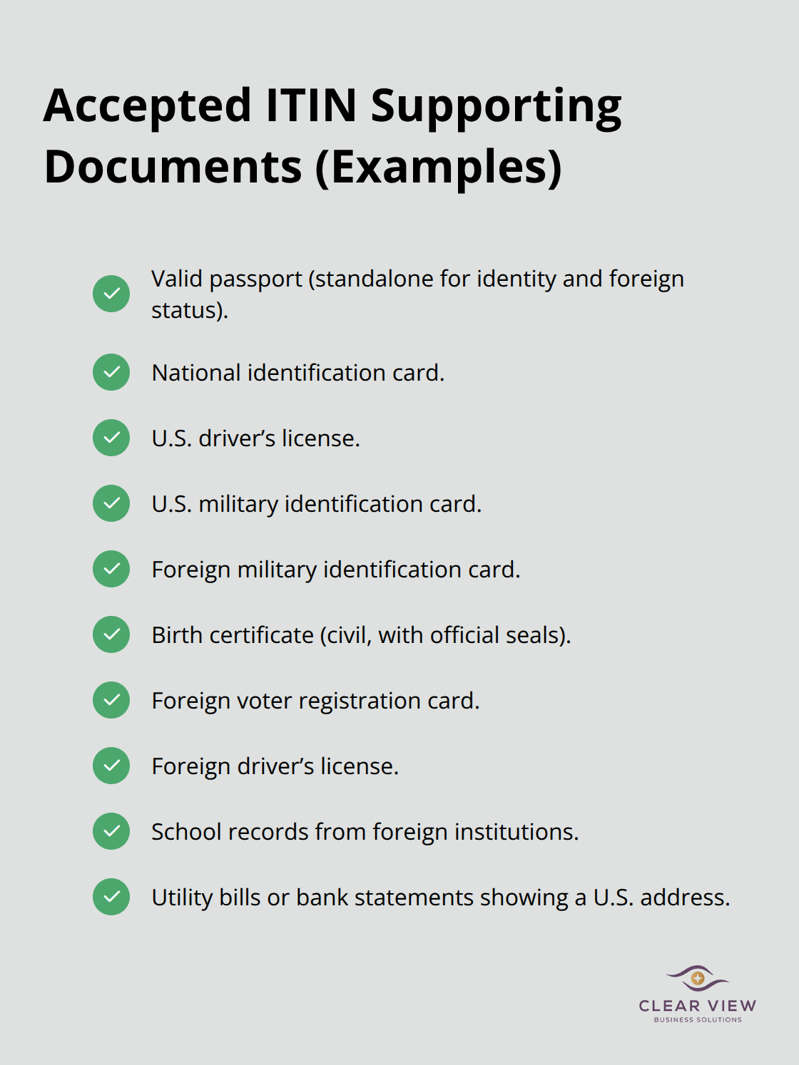 Checklist of common identity and foreign status documents accepted for ITIN applications. - ITIN number requirements