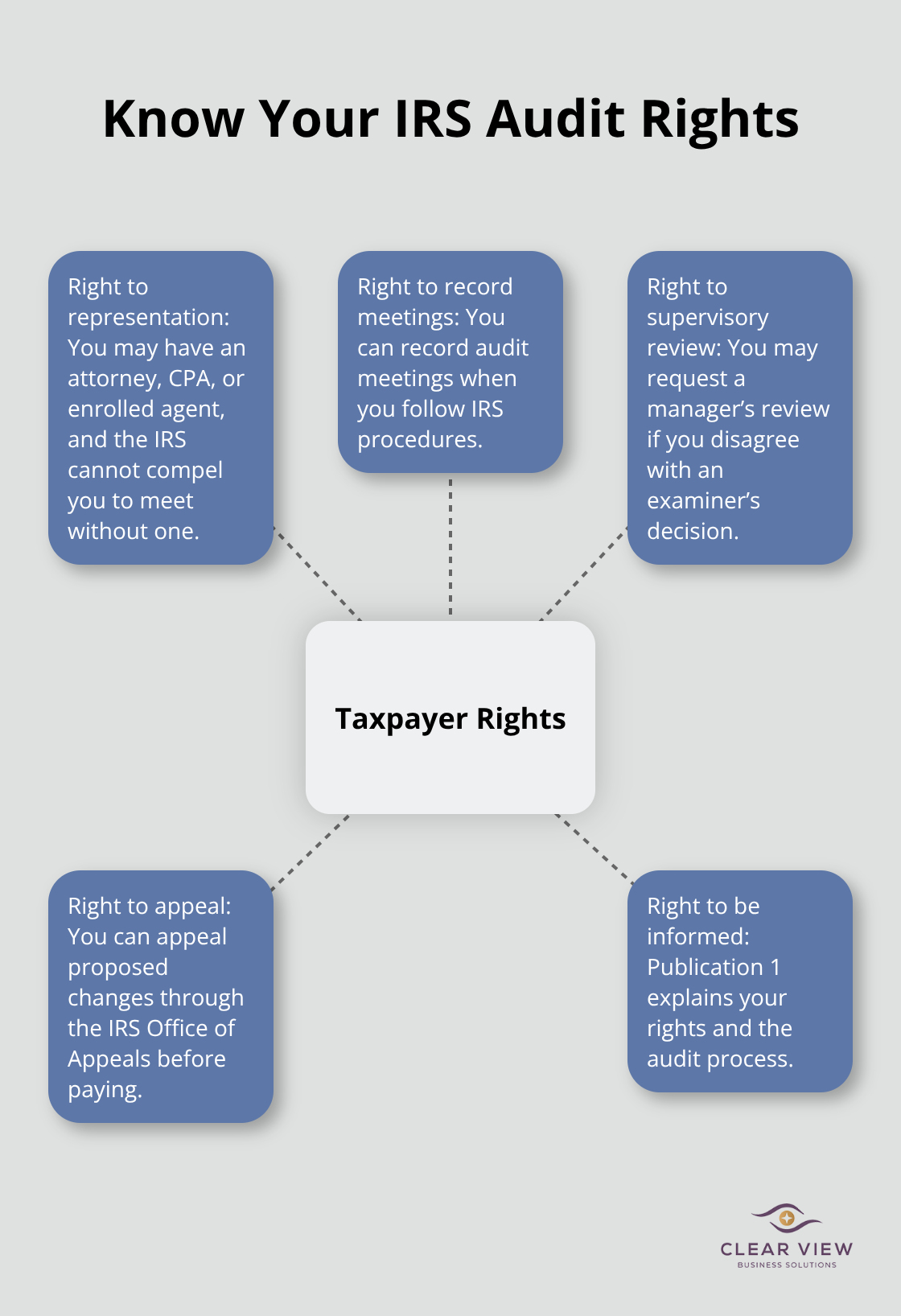Hub-and-spoke diagram outlining taxpayer rights during an IRS audit - IRS audit representation