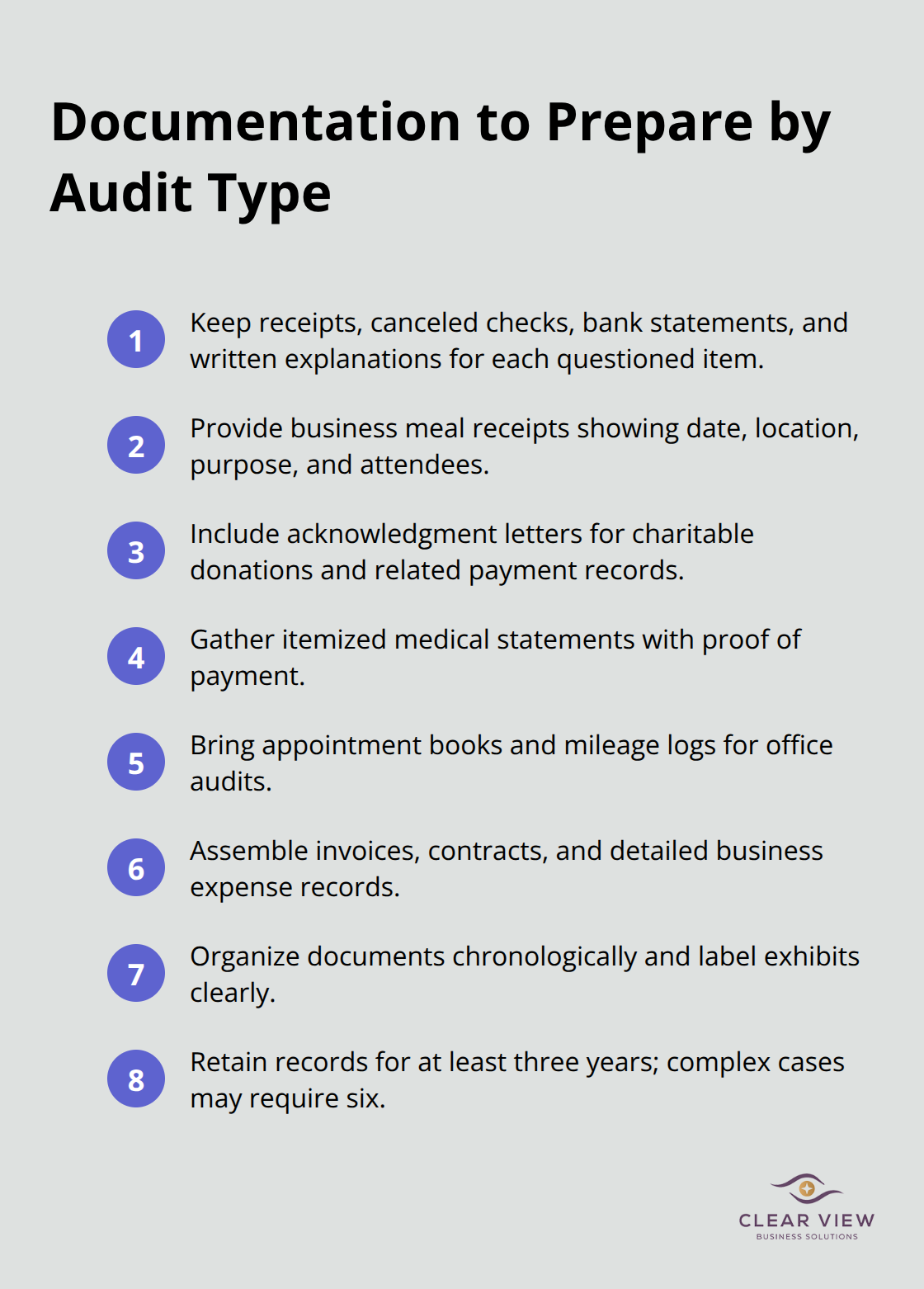 Compact checklist of records for correspondence, office, and field IRS audits - IRS audit representation