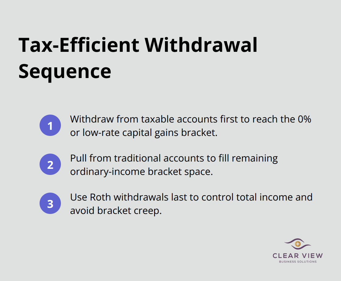 Three-step sequence for coordinating taxable, traditional, and Roth withdrawals to manage taxes.