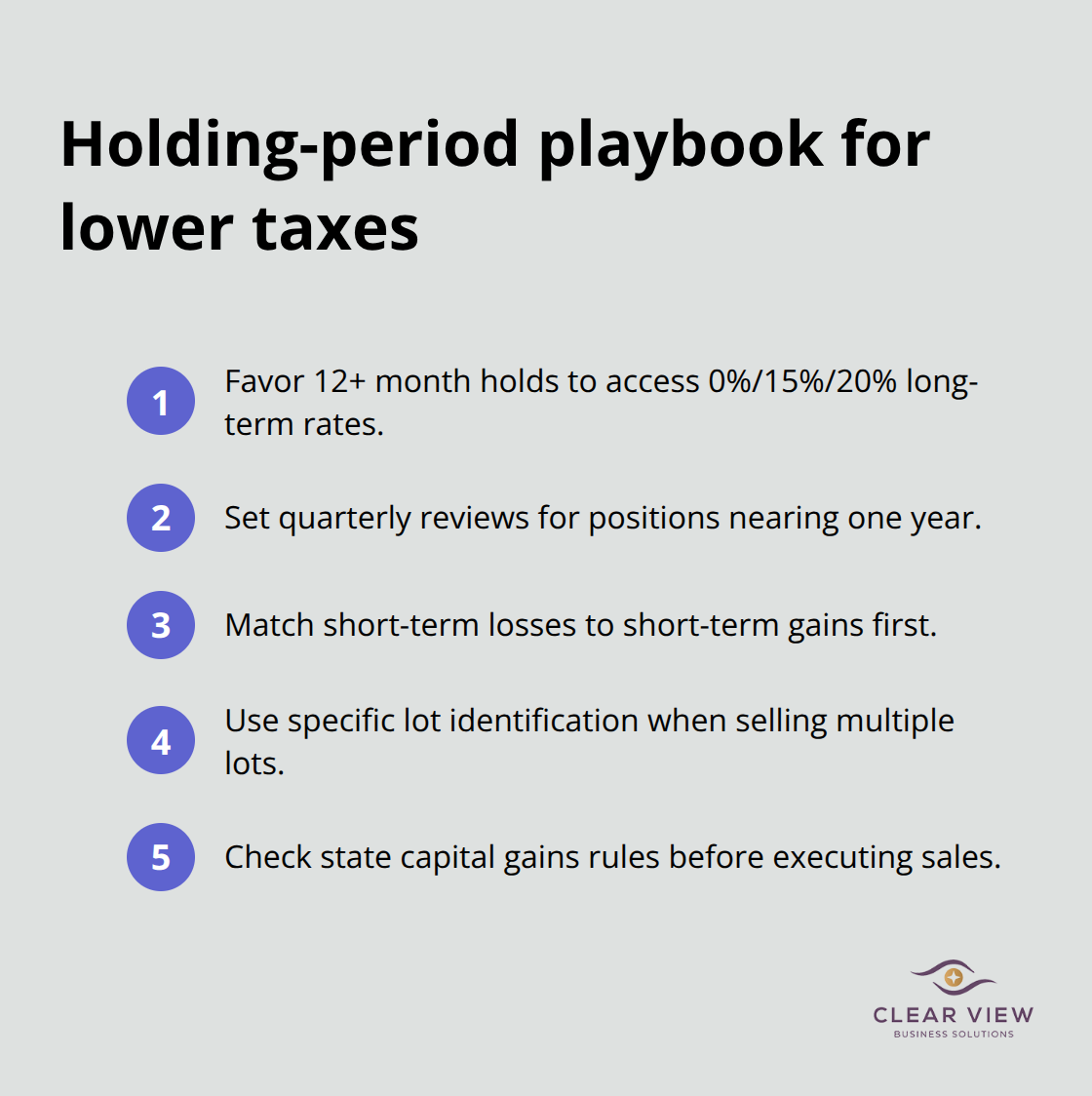 Compact checklist to plan around the 12‑month threshold and align gains and losses - investment tax strategies