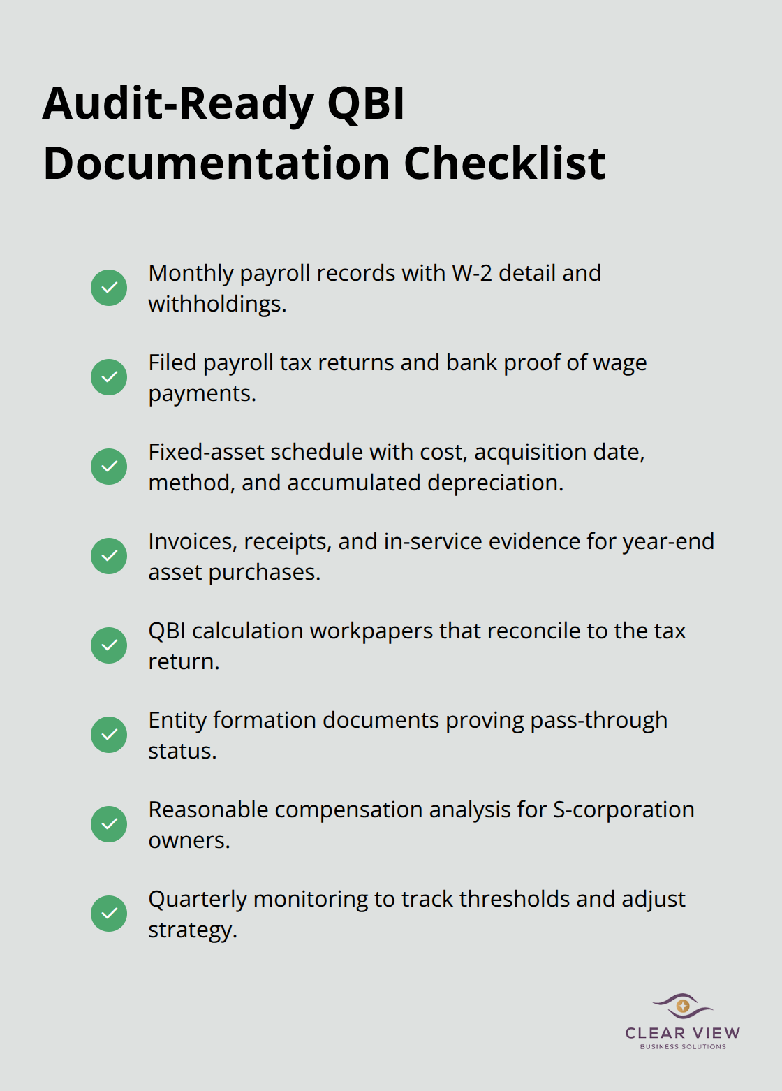 Checklist of records to maintain for claiming the QBI deduction and minimizing IRS audit risk. - pass-through deduction