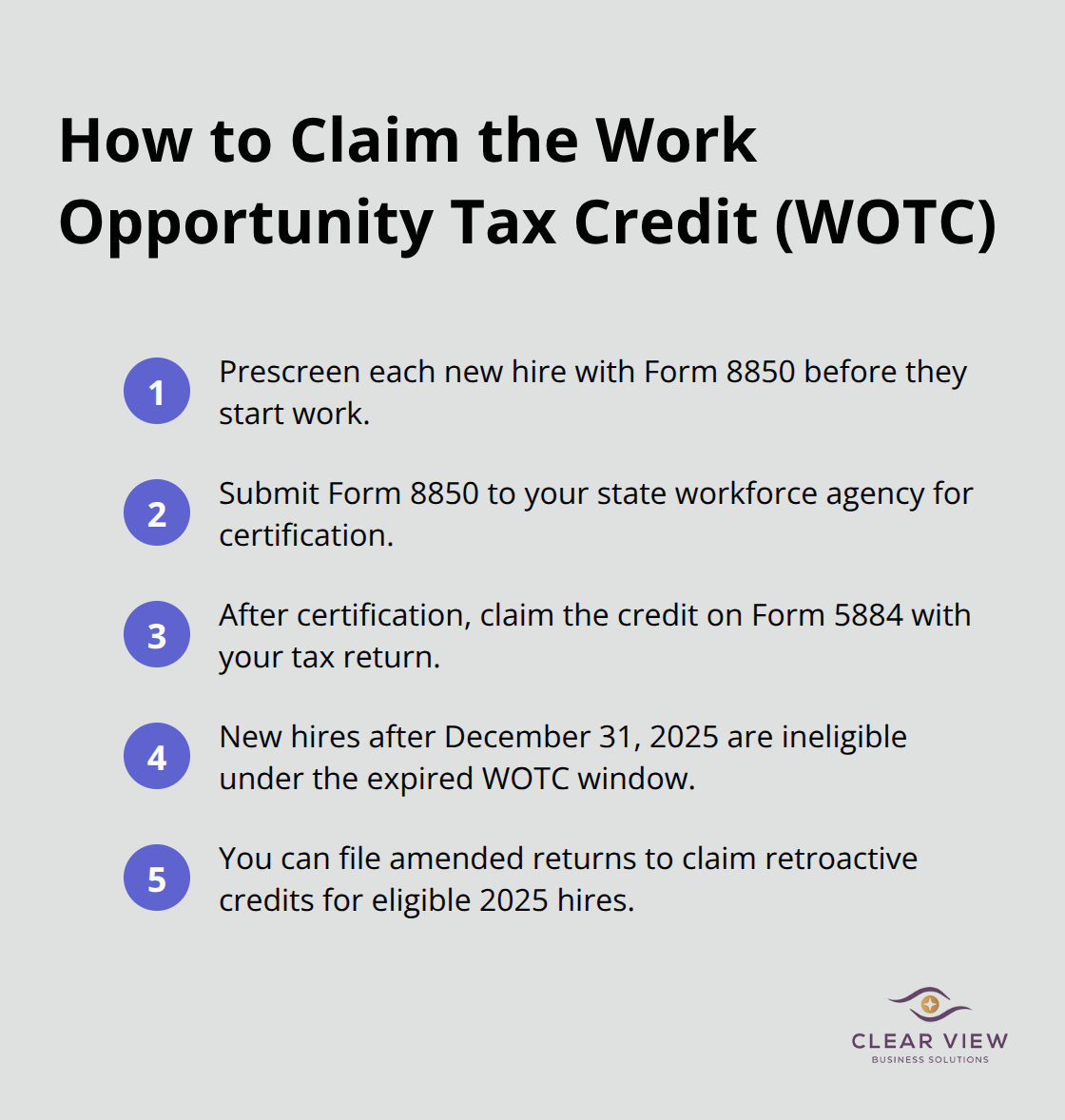 Compact list of steps to claim the Work Opportunity Tax Credit and key timing rules. - tax credits small business