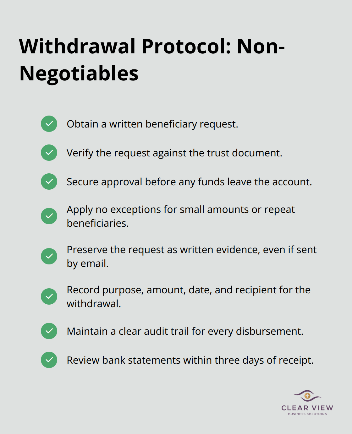 Checklist of required steps for compliant trust account withdrawals in the U.S. - trust accounting
