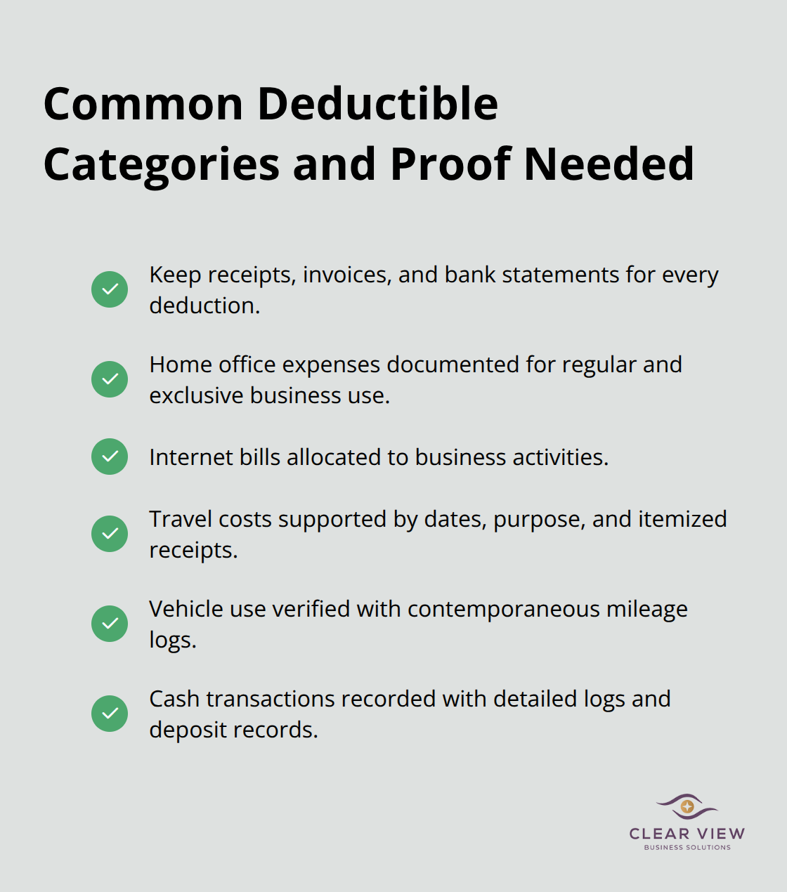 Checklist of deductible expense categories and required substantiation - tax compliance