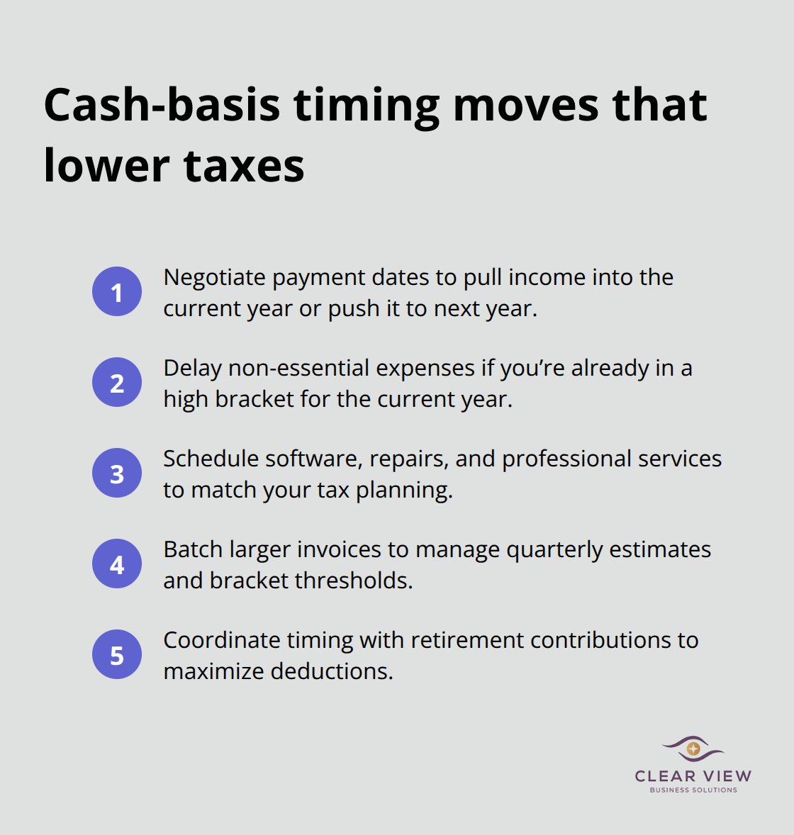 Compact list of income and expense timing strategies for U.S. cash-basis businesses