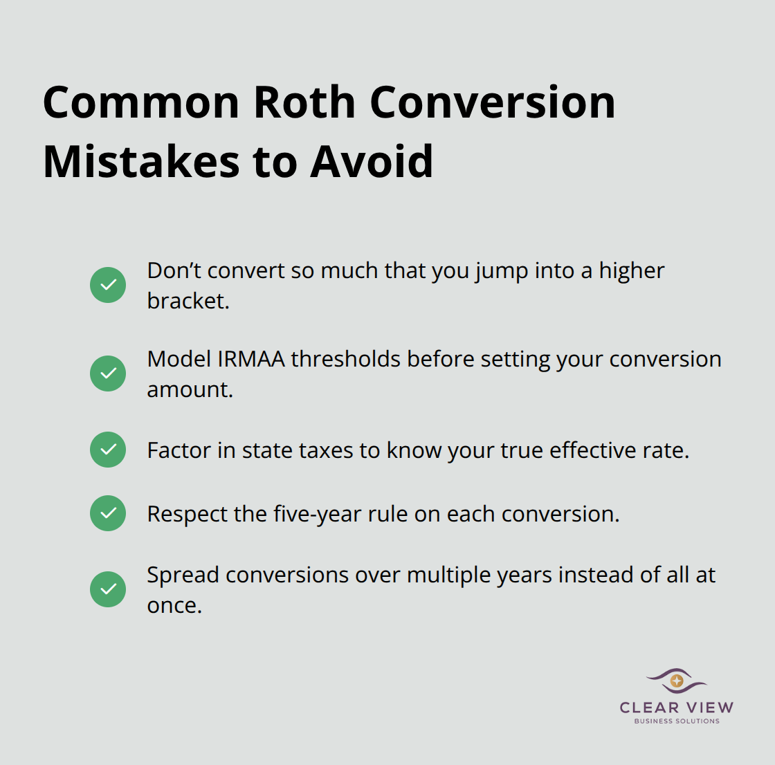 Checkmark list of frequent Roth conversion pitfalls to sidestep. - Roth conversion guidance