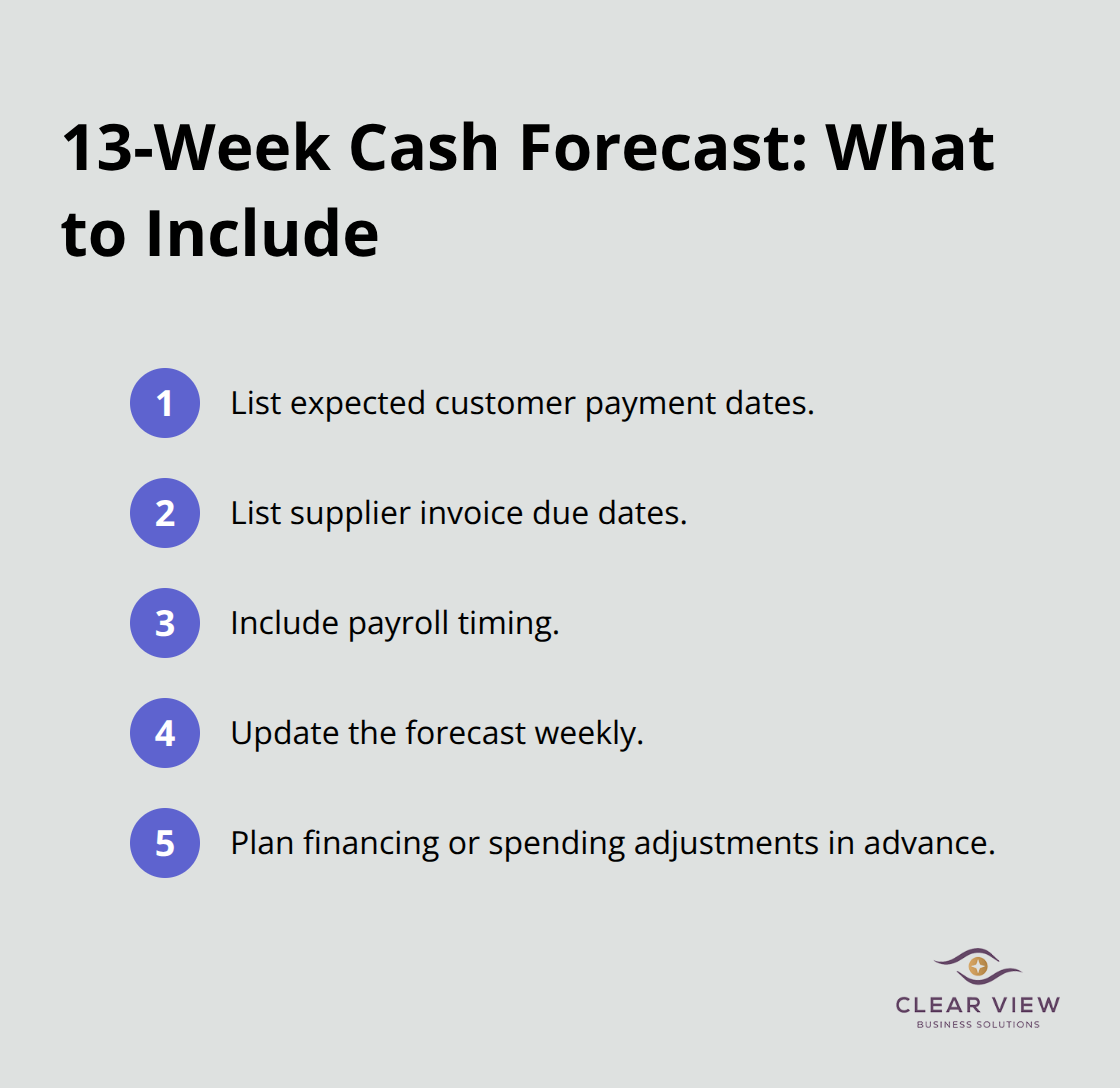 Checklist of key elements to build and maintain a 13-week cash forecast for a small business.