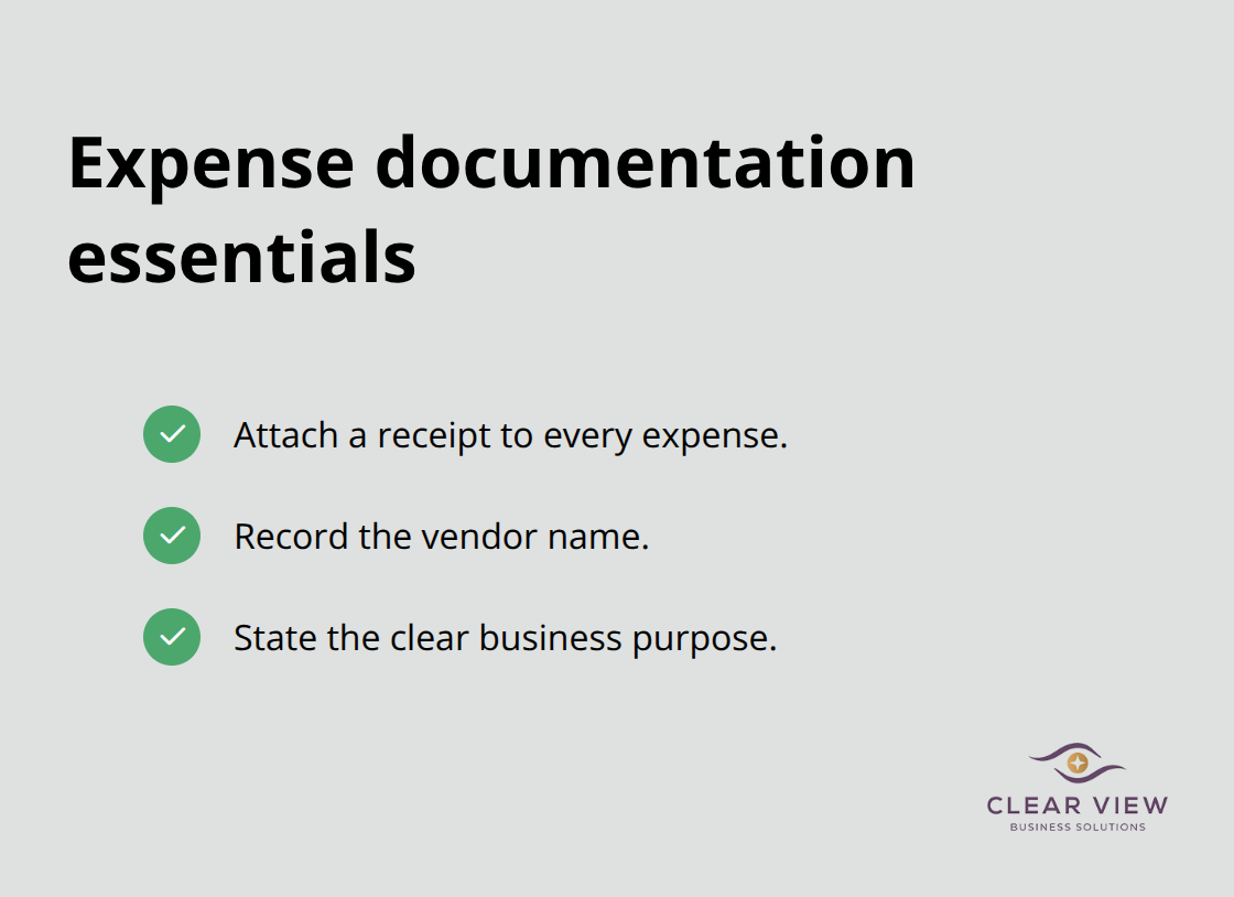 Checklist of required expense documentation fields for U.S. startups: receipt, vendor name, and business purpose. - Financial controls startups