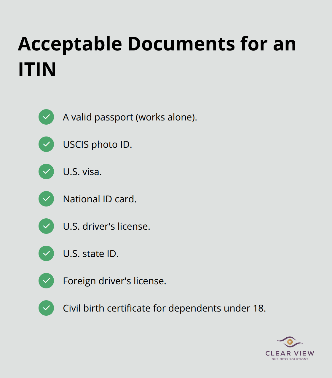 Checklist of acceptable documents for proving identity and foreign status for an ITIN application. - ITIN setup services