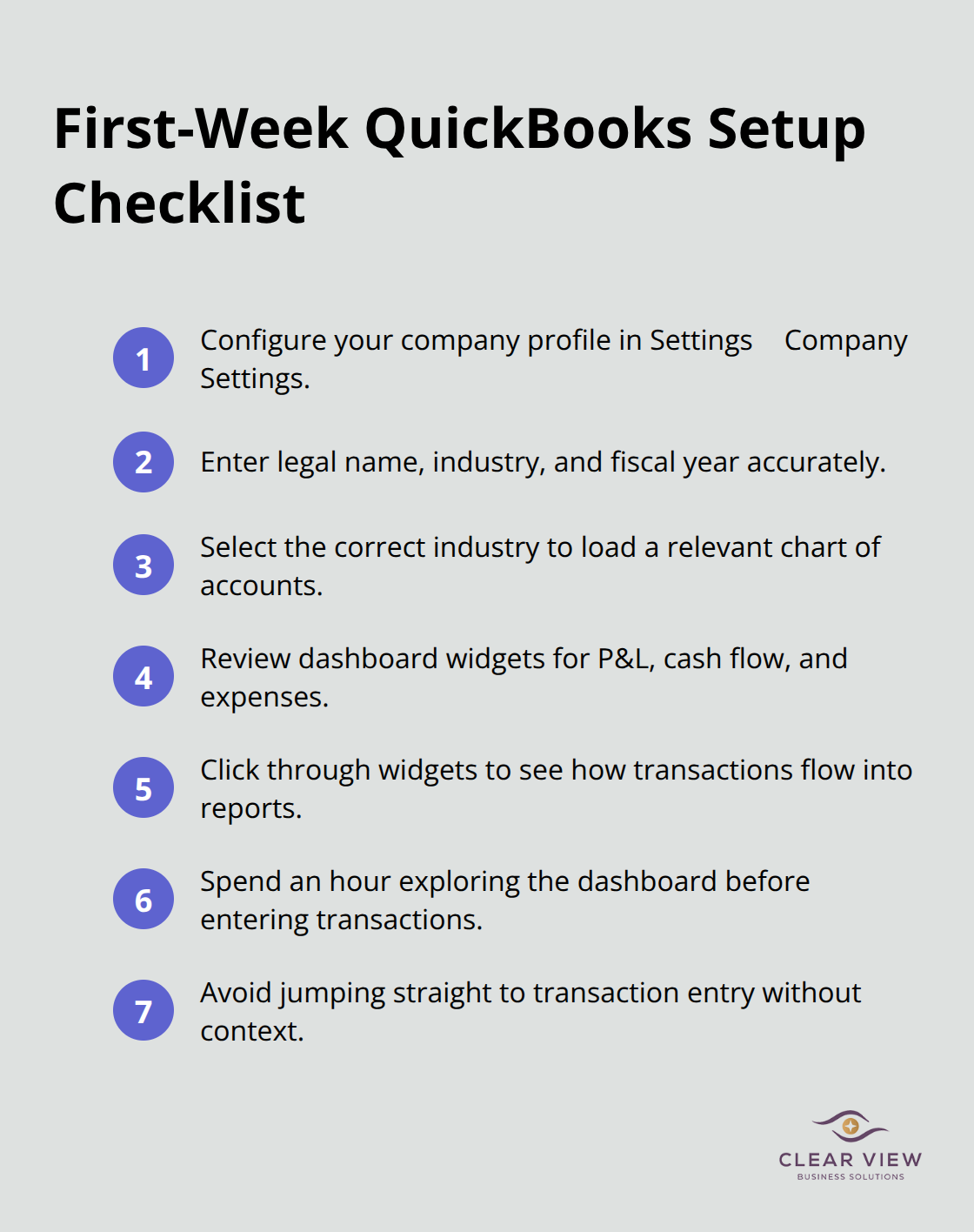 Compact checklist of key first-week QuickBooks setup steps for U.S. small businesses - QuickBooks training for beginners
