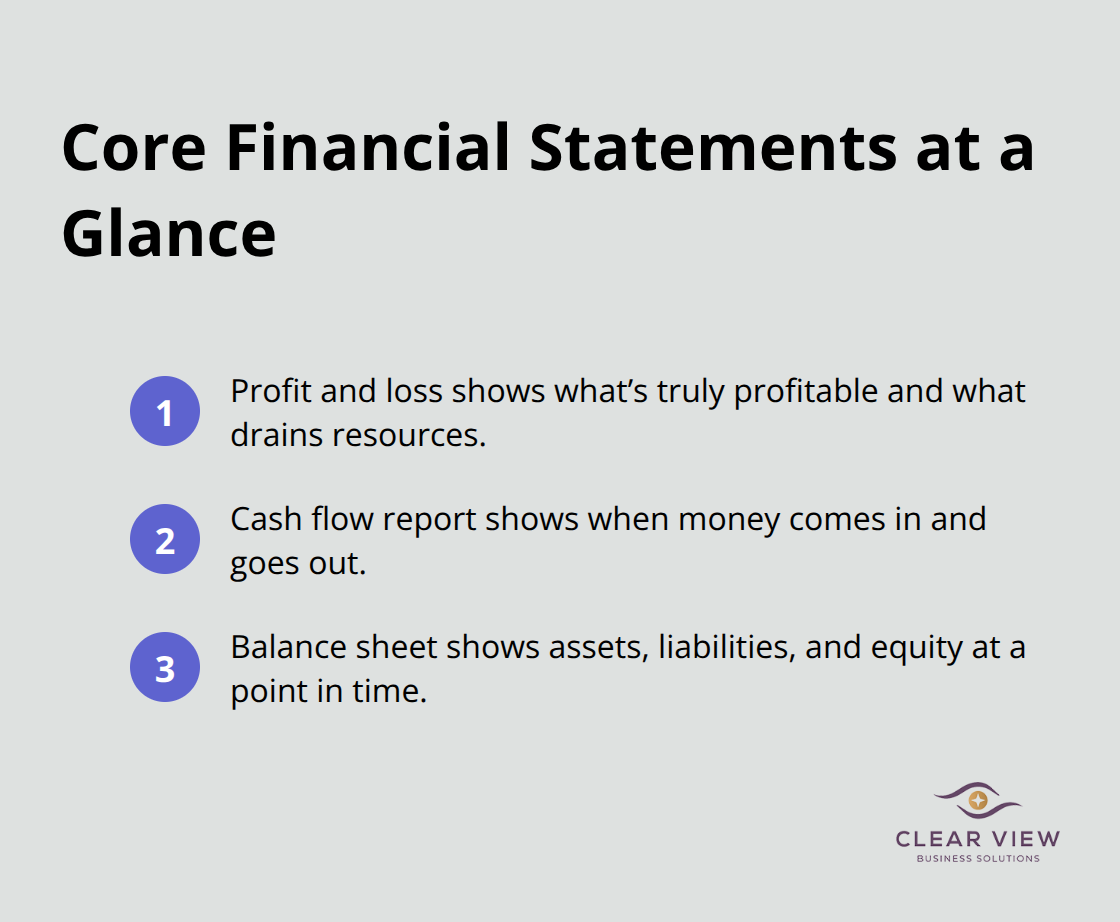 Compact list summarizing profit and loss, cash flow, and balance sheet purposes