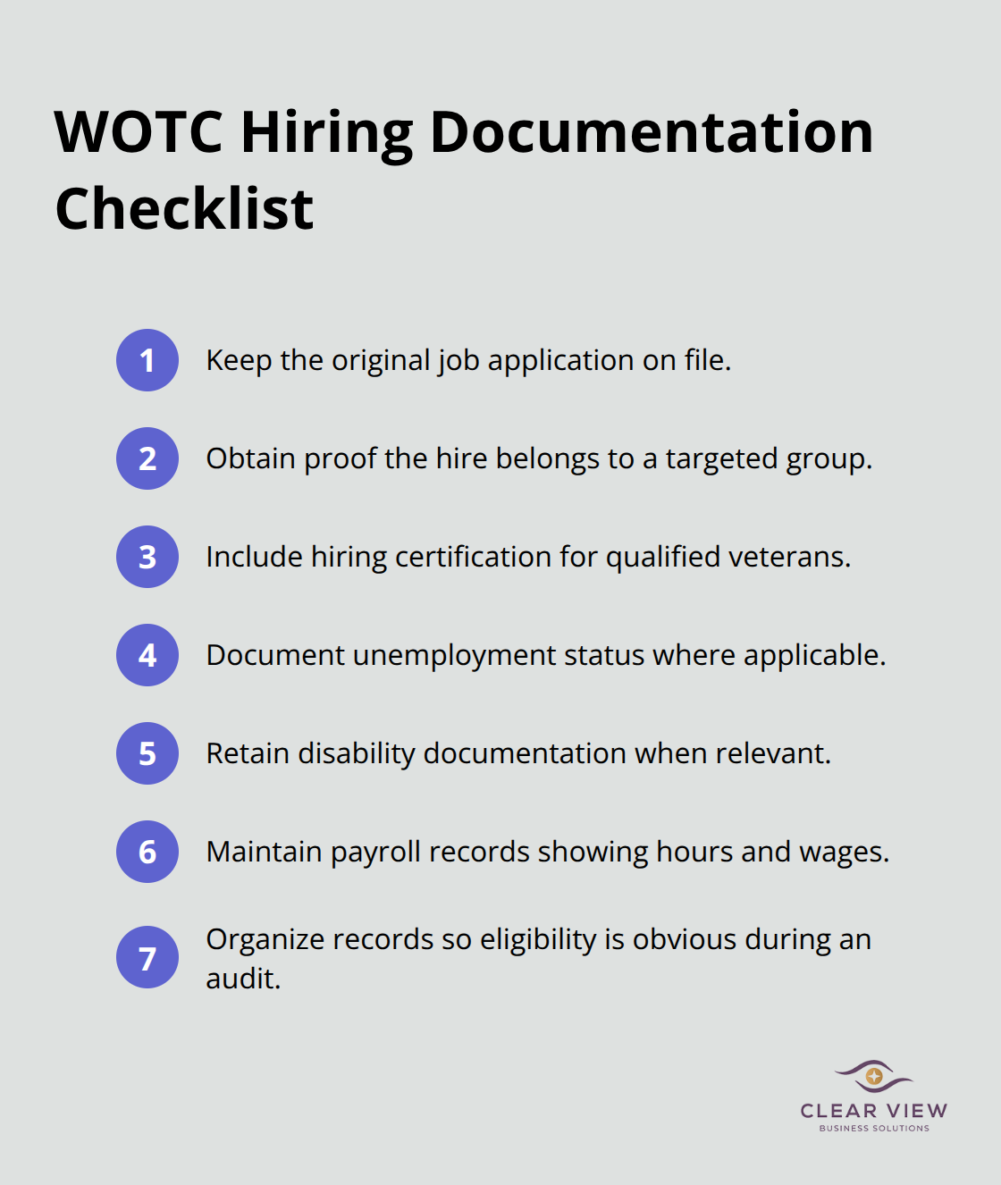 Concise checklist of documents to support Work Opportunity Tax Credit eligibility.