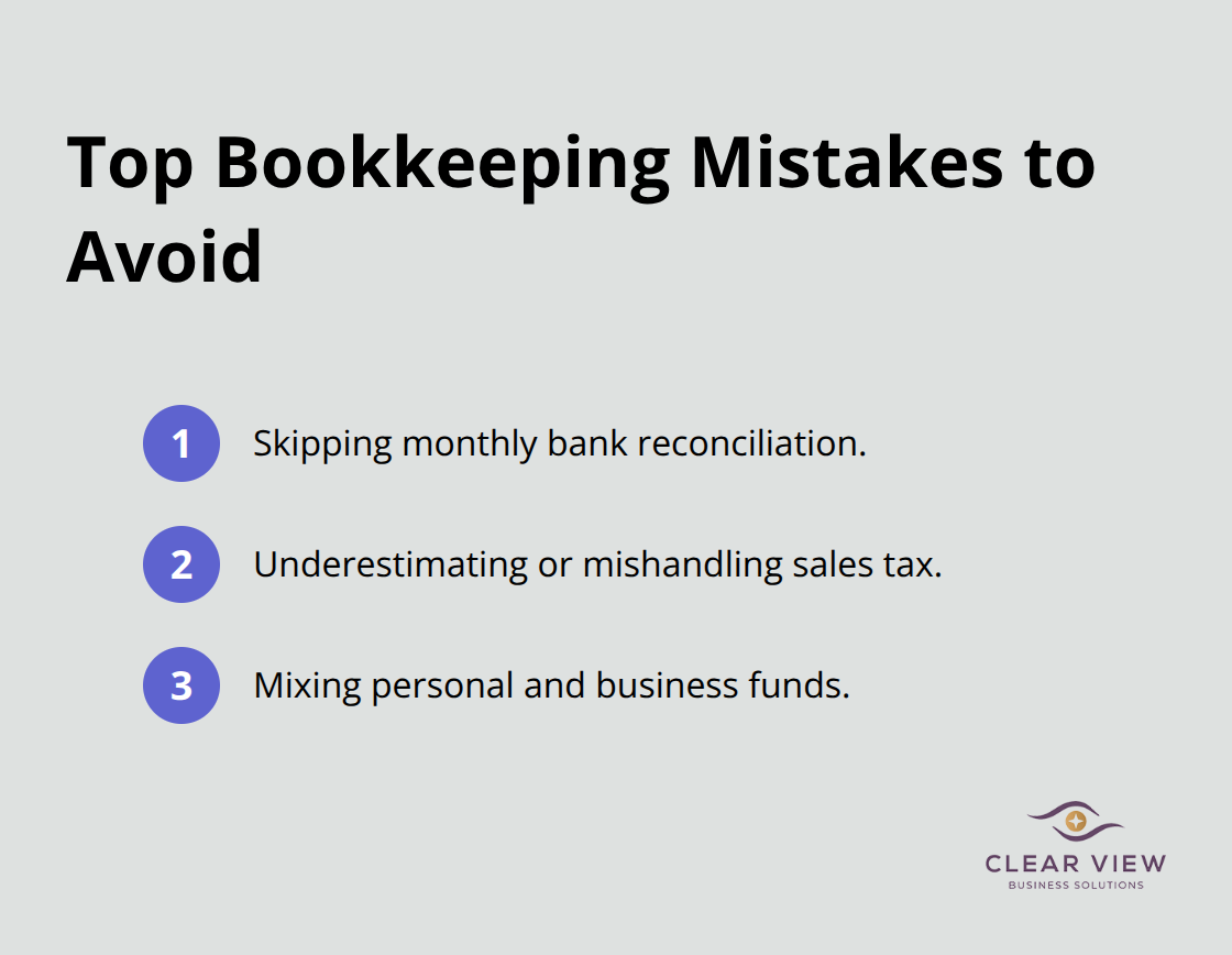 Compact list of three common bookkeeping mistakes for new business owners. - New business bookkeeping Tucson