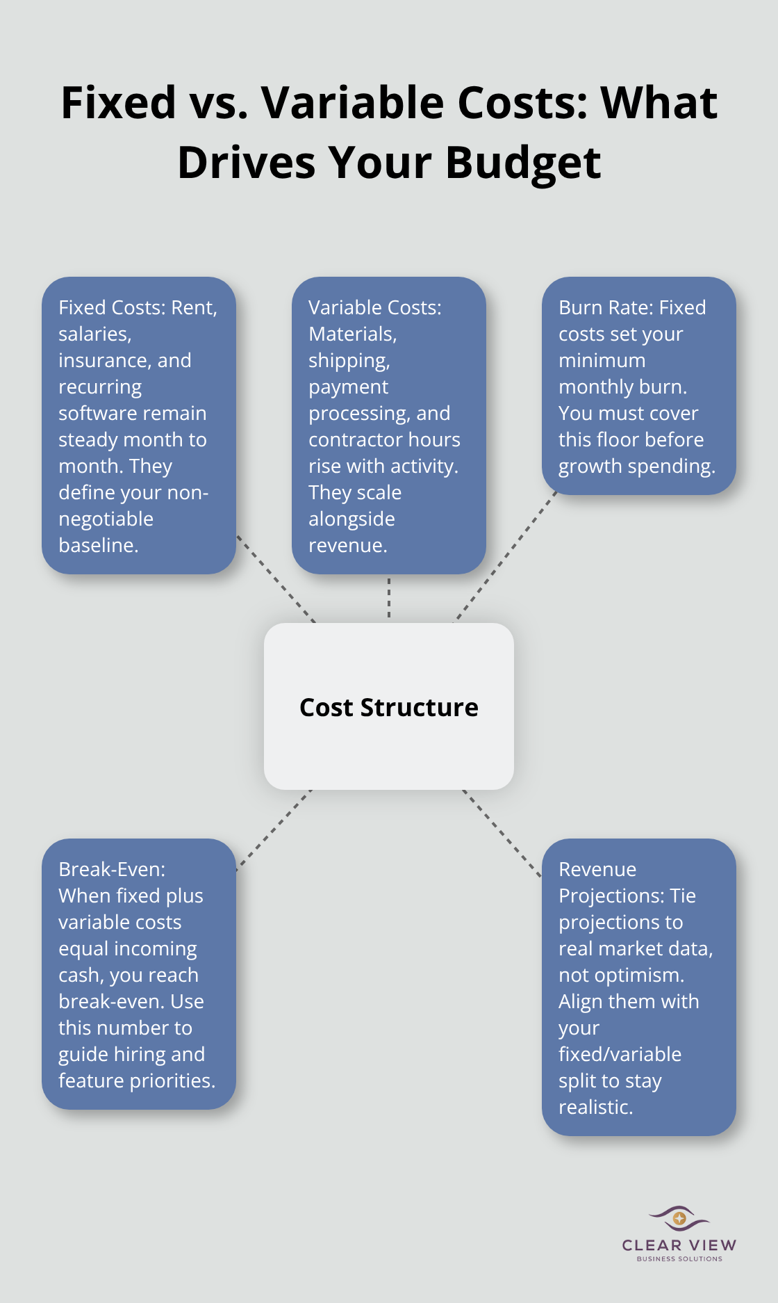 Hub-and-spoke showing fixed costs, variable costs, burn rate, break-even, and revenue projections - Startup budget setup