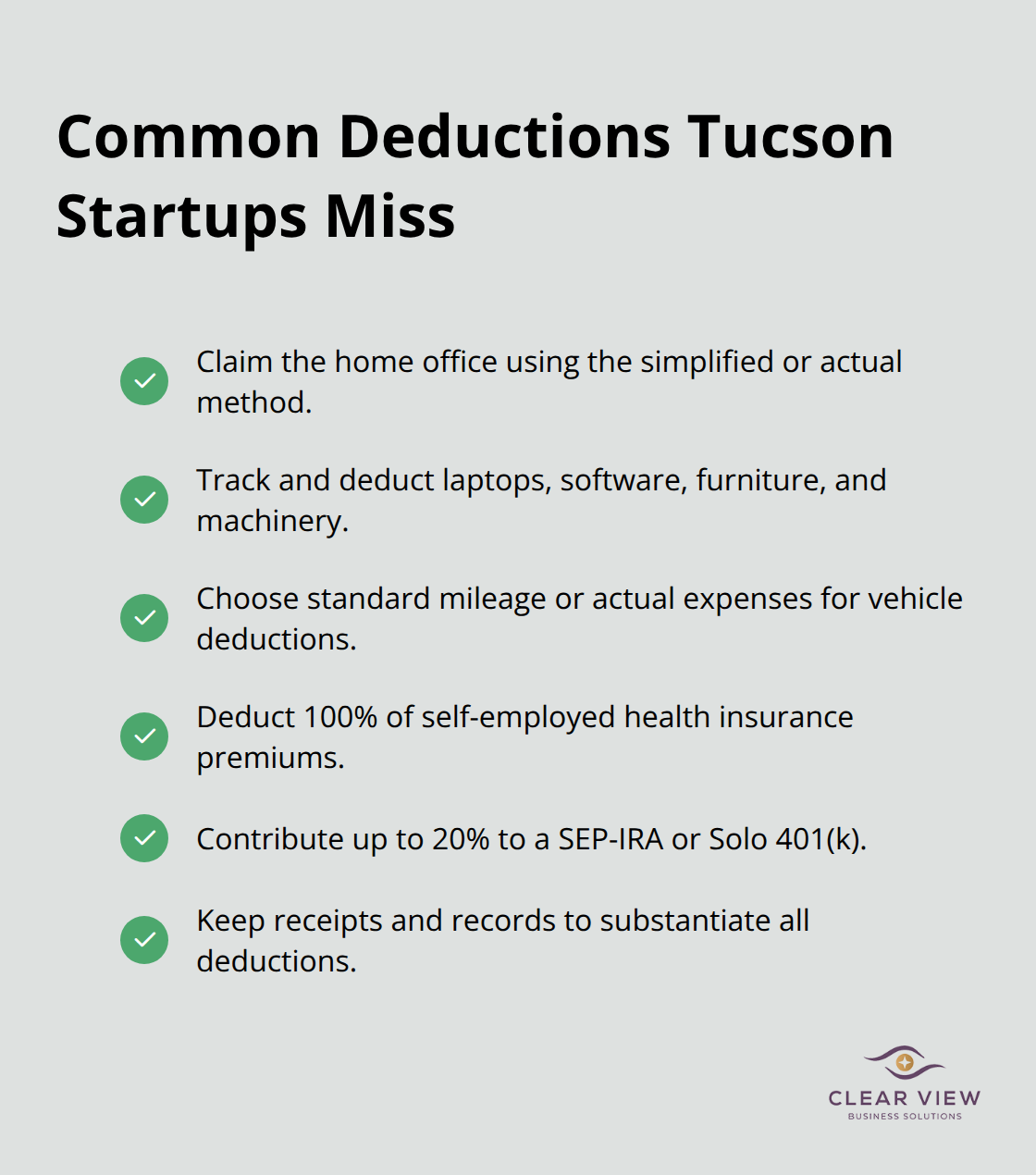 Checklist of frequently missed deductions for Tucson startups, including home office, equipment, vehicles, health insurance, and retirement contributions. - Tax planning Tucson startups
