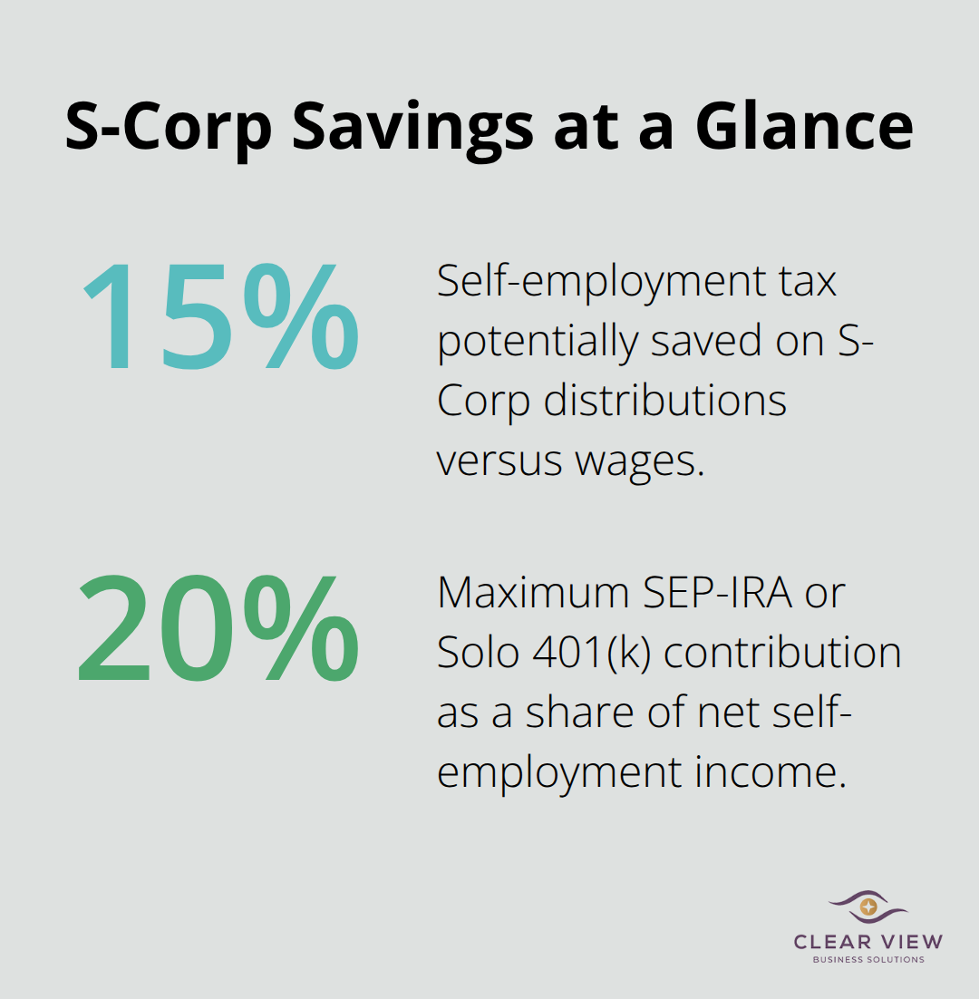 Percentage view of S-Corp tax advantages for Tucson startups, including self-employment tax savings and retirement contribution limits.